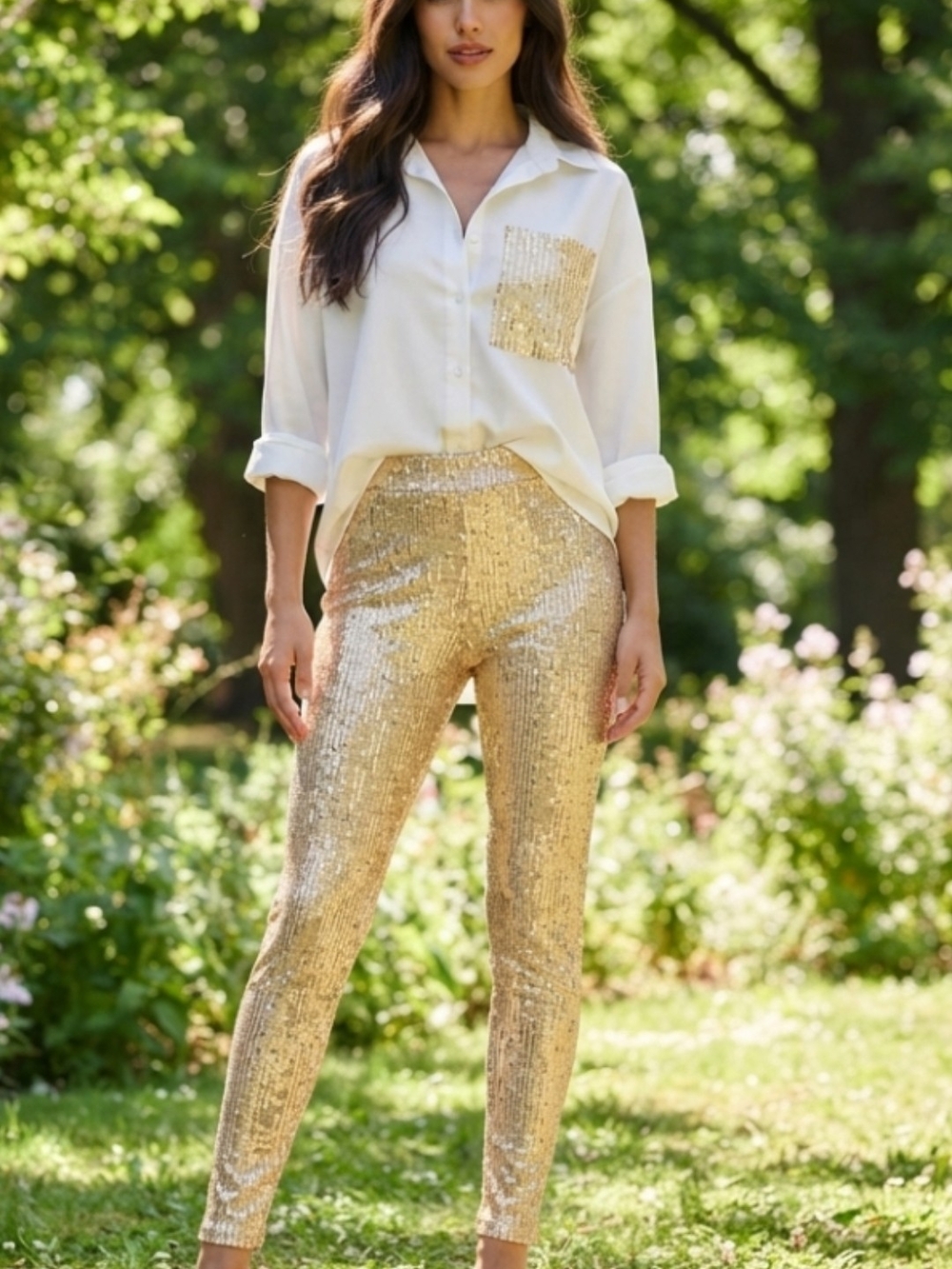 Gold Sequin Skinny Pants - Women's Sparkle Trousers US 14-16